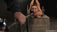 Trapped in a hard metal hogtie finger fucked to orgasm